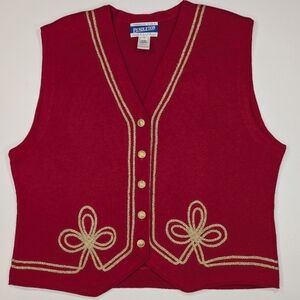 Vintage Pendleton red, virgin wool vest w gold buttons & rope like trim. Large P